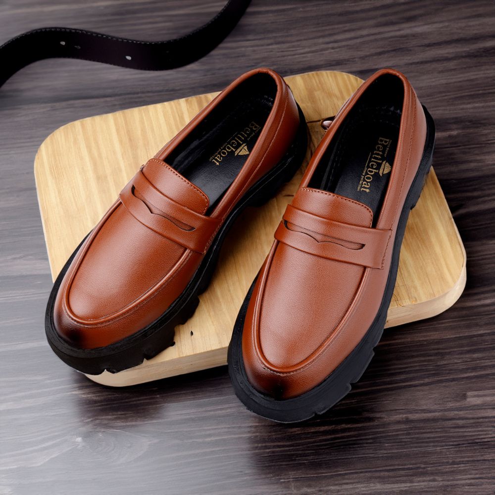 UNISEX MATTE TAN HIGH HEEL SLIP ON  PENNY LOAFER SHOES