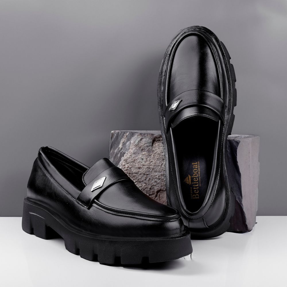 UNISEX MATTE BLACK HIGH HEEL SLIP ON  PENNY LOAFER SHOES