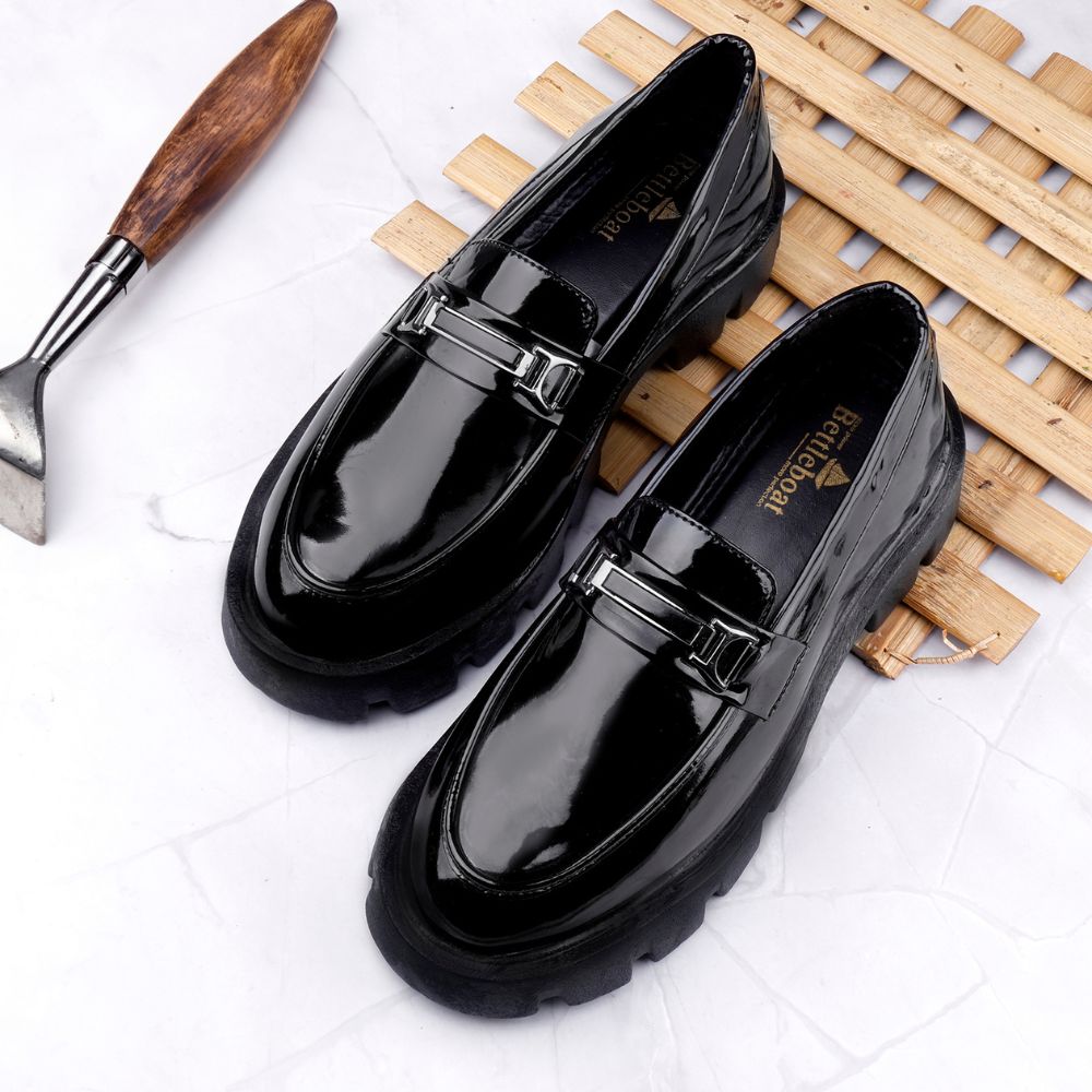 UNISEX  GLOSSY  BLACK HIGH HEEL SLIP ON  PENNY LOAFER SHOES