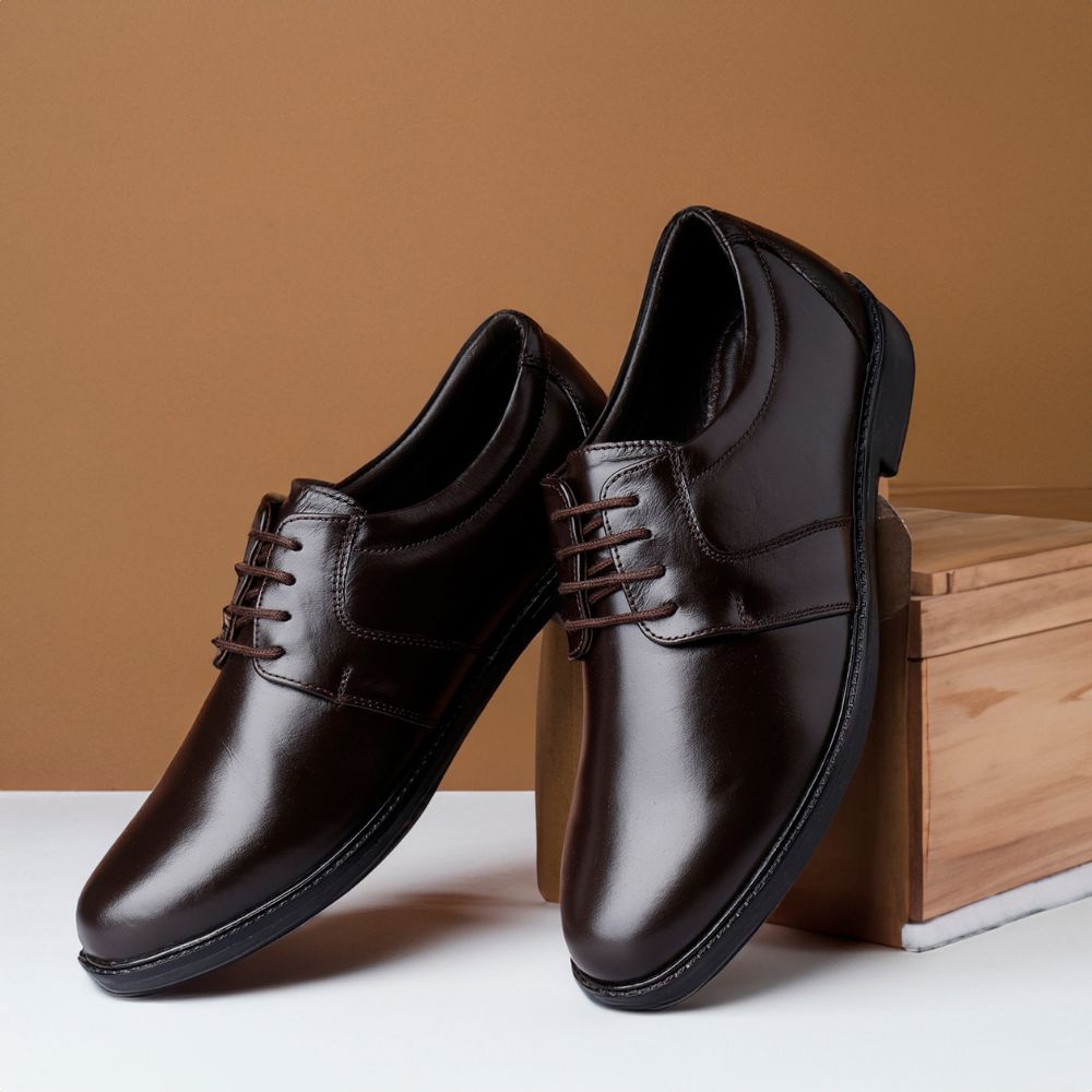 GENUINE LEATHER BROWN FORMAL DERBY SHOES FOR MEN