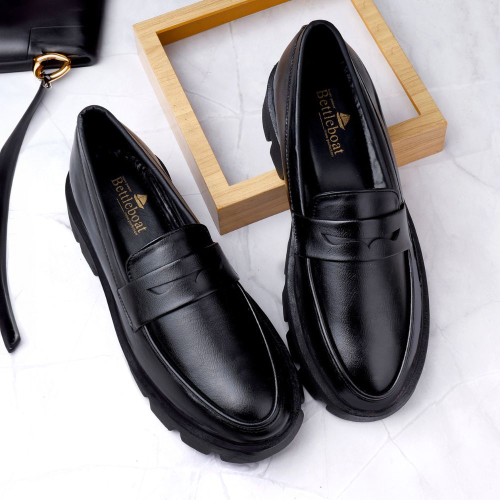 UNISEX MATTE BLACK HIGH HEEL SLIP ON PENNY LOAFER SHOES