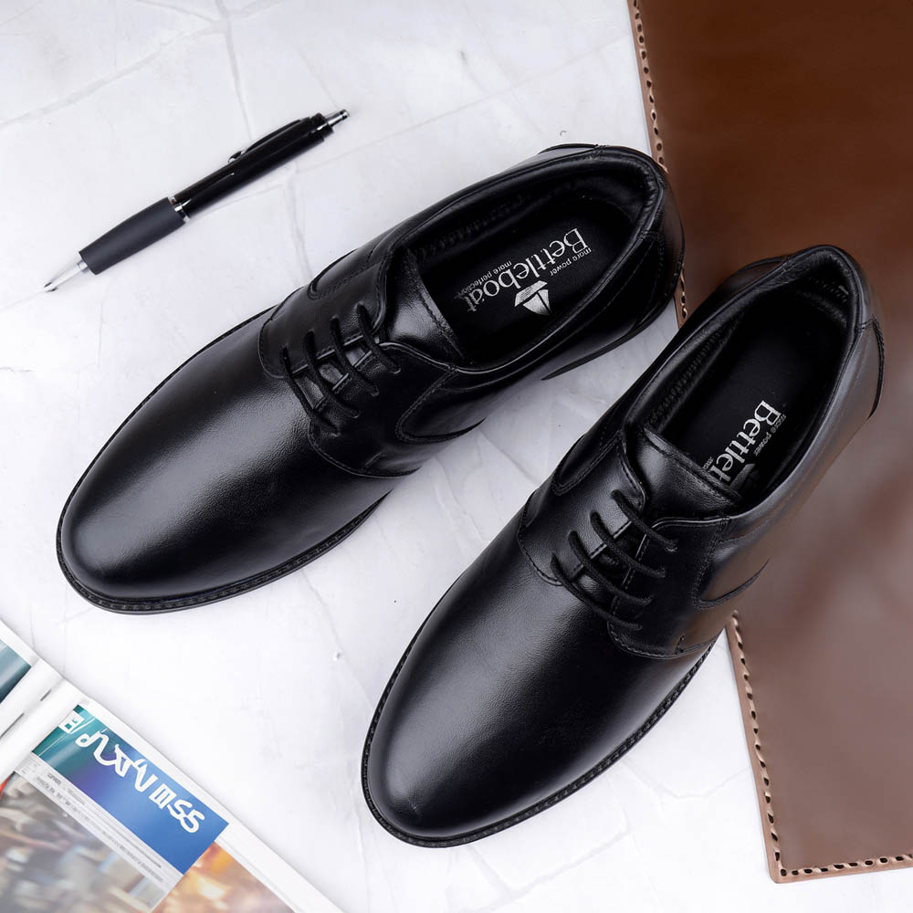 GENUINE LEATHER BLACK FORMAL DERBY SHOES FOR MEN