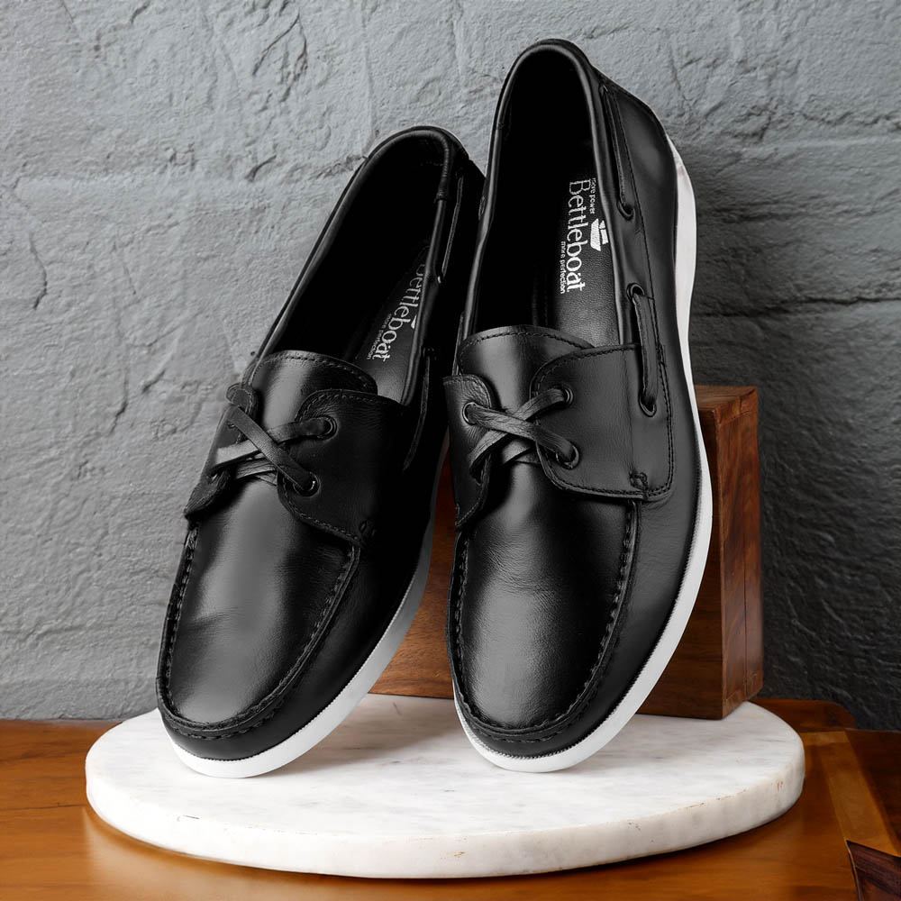 AUTHENTIC TUMBLED FULL GRAIN  LEATHER BLACK BOAT SHOE FOR MEN