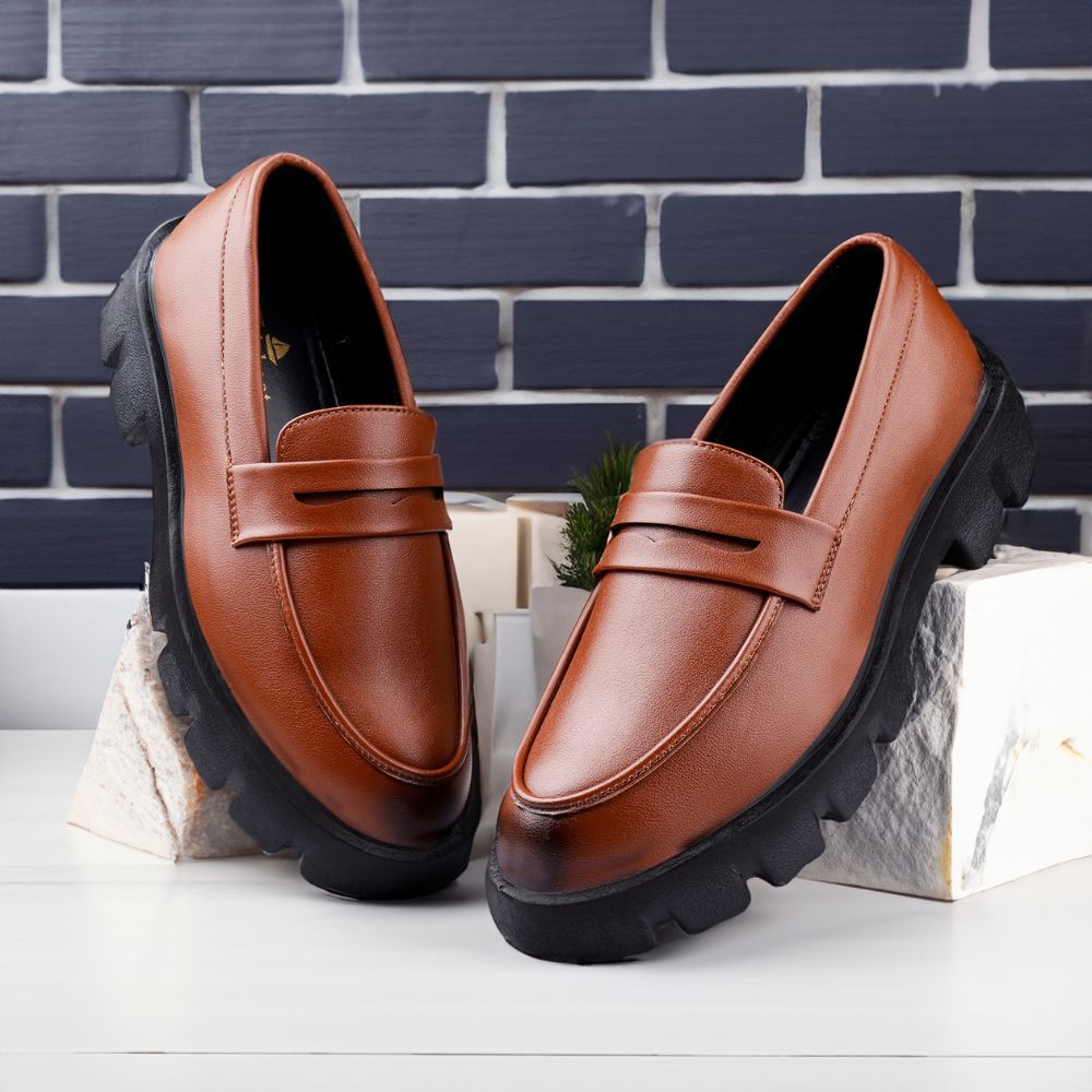 UNISEX MATTE TAN HIGH HEEL SLIP ON  PENNY LOAFER SHOES