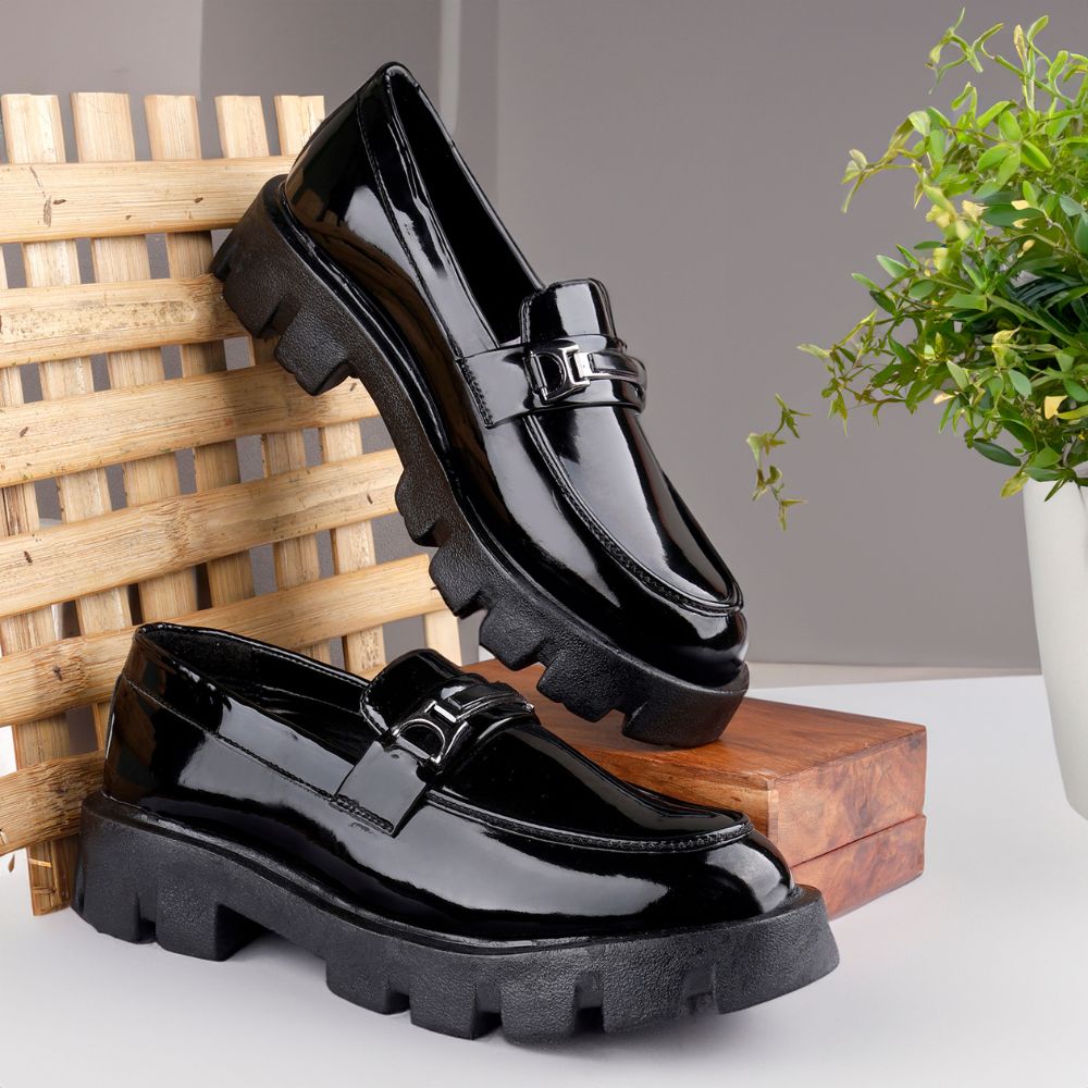 UNISEX  GLOSSY  BLACK HIGH HEEL SLIP ON  PENNY LOAFER SHOES