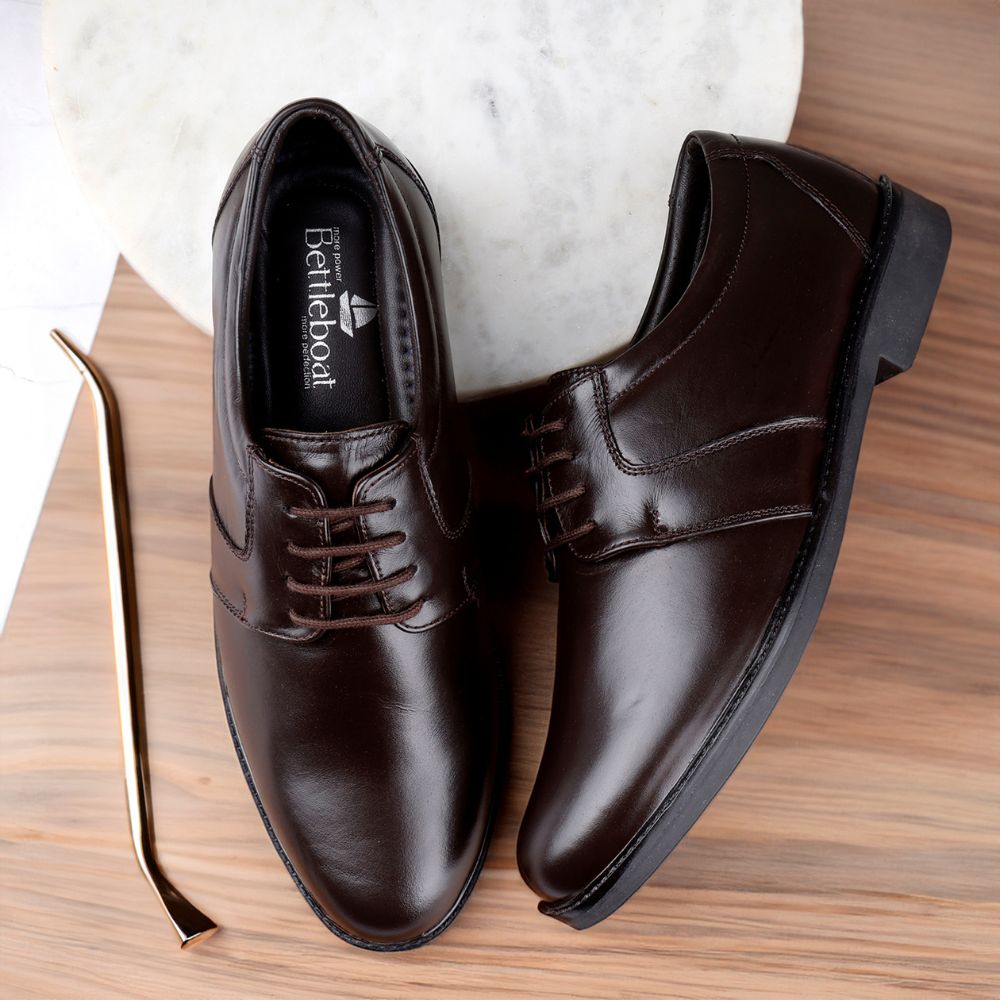 GENUINE LEATHER BROWN FORMAL DERBY SHOES FOR MEN