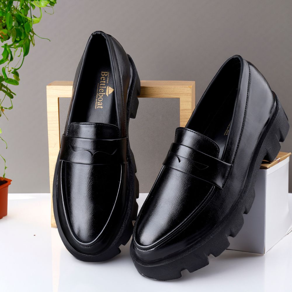 UNISEX MATTE BLACK HIGH HEEL SLIP ON PENNY LOAFER SHOES