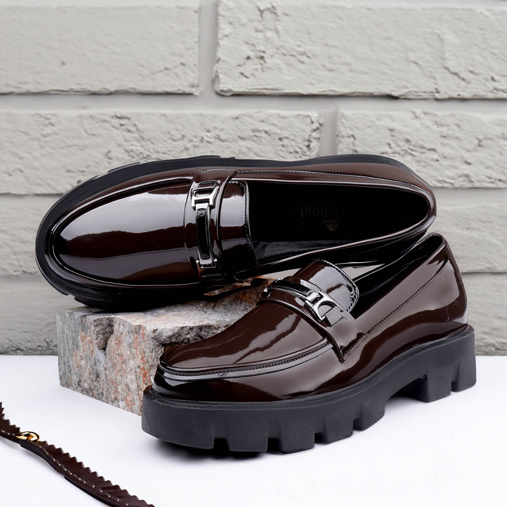 UNISEX GLOSSY BROWN HIGH HEEL SLIP ON  PENNY LOAFER SHOES